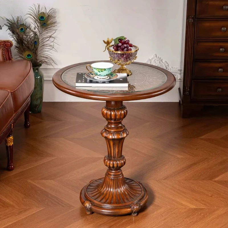 Retro solid wood side table glass countertop round coffee table antique engraving base