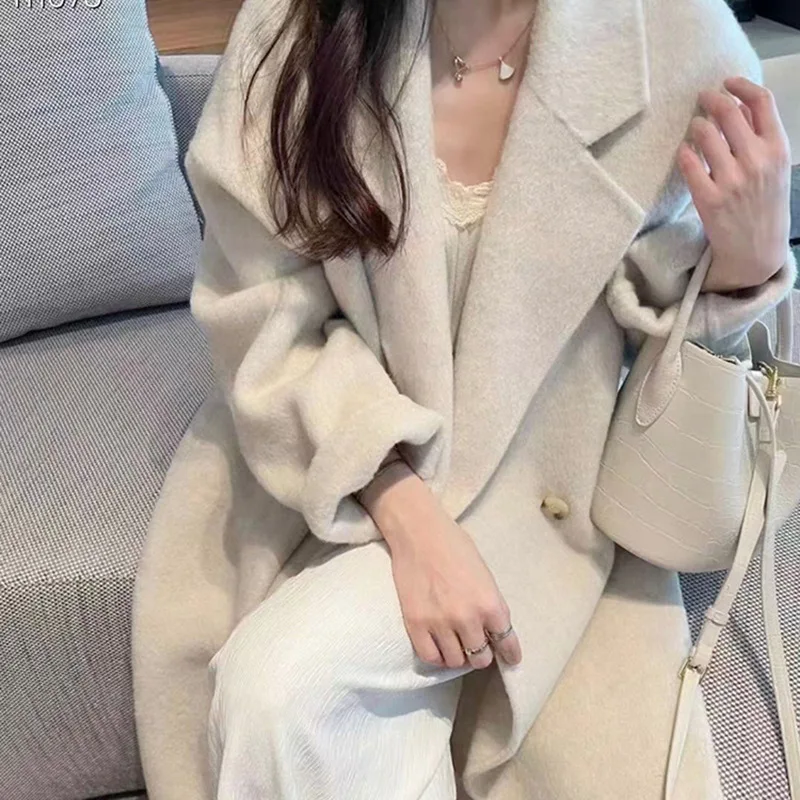 

Spring Autumn Wool Loose Double-breasted Double-sided Wool Women Coat Coat Lapel Neck Casual Versatile Female Outerwear Fashion