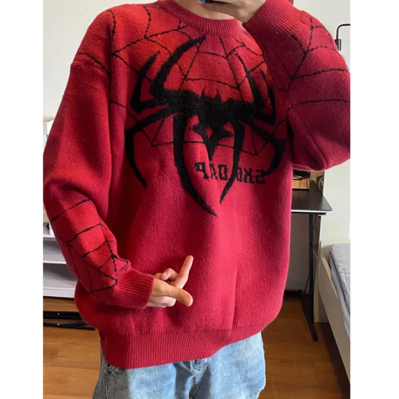 New Fashion Christmas Red Sweater Spider Jacquard Couple Pullover Winter Vintage Grunge Oversize Long Sleeve Y2k Streetwear Knit