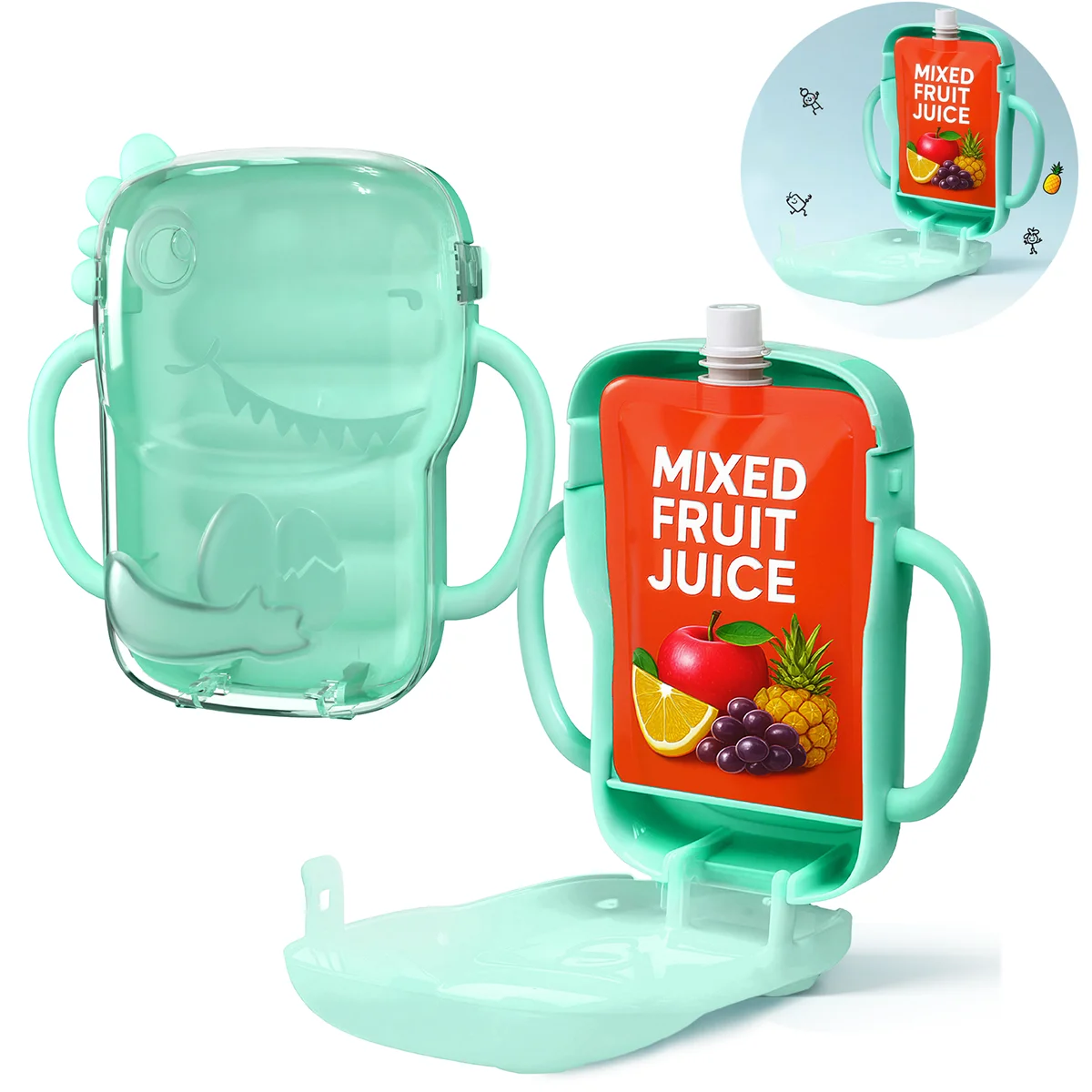 

2-piece dinosaur juice box holder, universal holder for food and beverage bags, prevents mess for babies when they eat independe