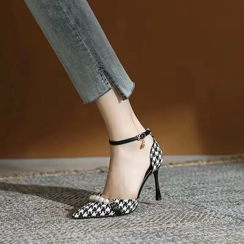 

Women's Houndstooth Pearl Peep-toe Sandals 2026 Spring Summer New Stiletto High Heels Pointed Toe