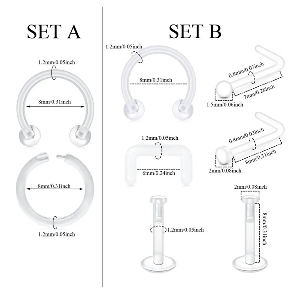 Clear Nose Rings & Studs Set Acrylic Nose Piercing Retainers - 16g 20g - Clear Cartilage Earrings & Lip Piercing Retainer