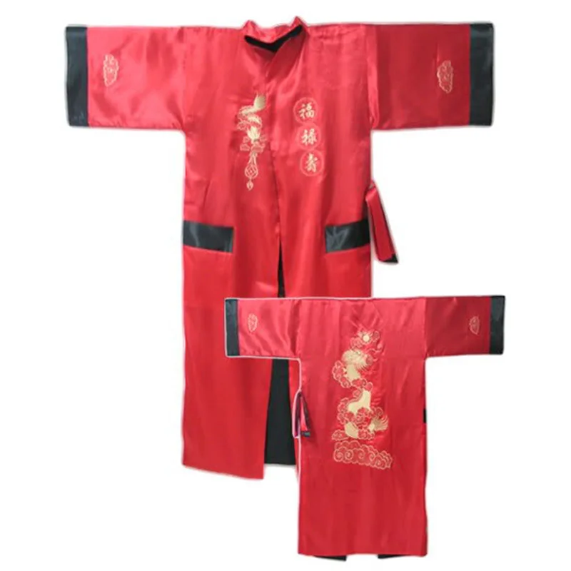 Novelty Reversible Black Red Women Satin Kimono Handmade Embroidery Dragon Nightgown Robe Gown Two Side Sleepwear