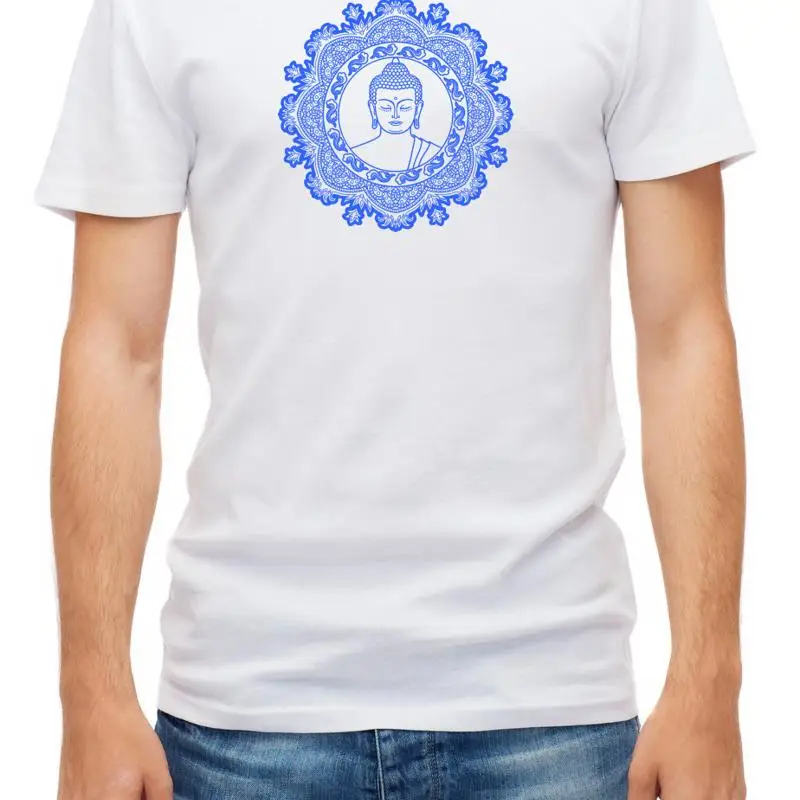 Белая мужская футболка с головой Будды для медитации D405