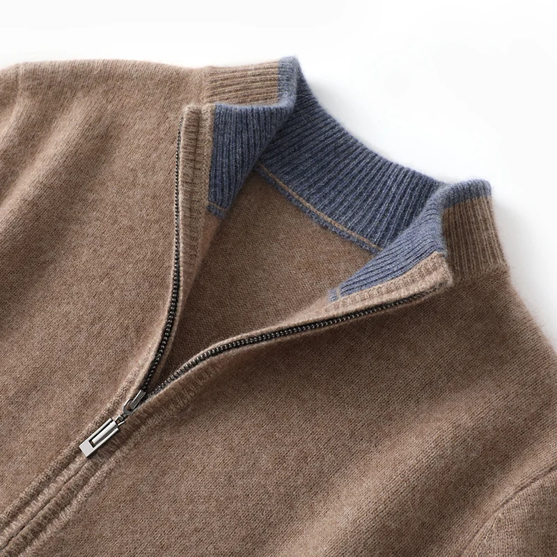 2023 Autumn/Winter New 100% Pure Cashmere Sweater Men\'s Half High Neck Knitted Zippered Cardigan Solid Color Wool Top Coat