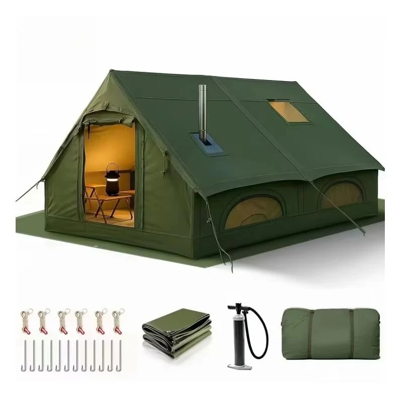 Inflatable Camping Tent 8-10 Person 12 Square Feet Four-Season Double Layer Oxford Fabric with Stove Jack and Blow-Up Pump