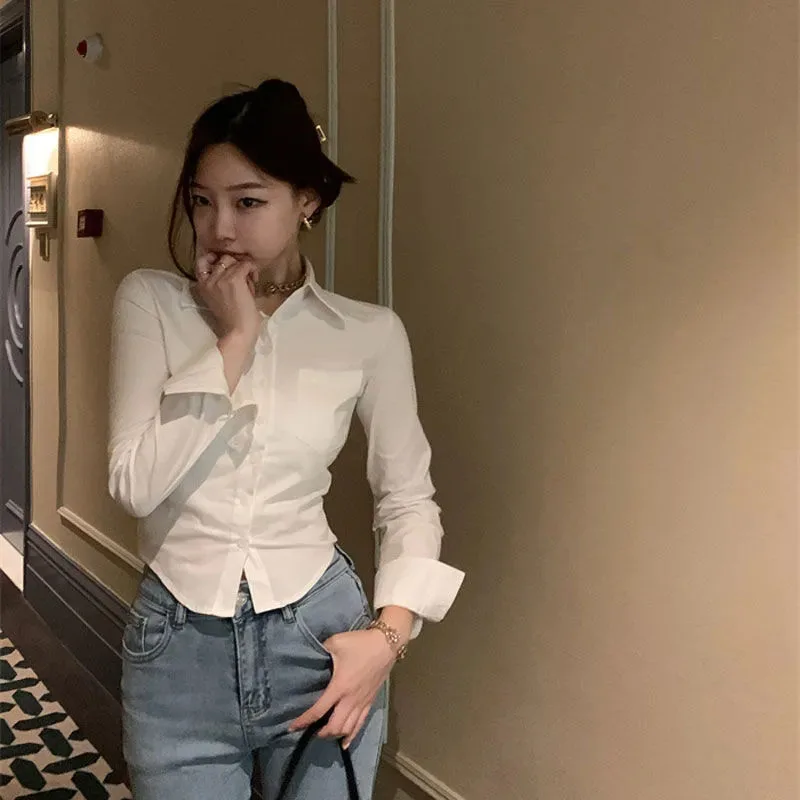 White Crop Shirt Women Y2K Summer Korean Long Sleeve Lapel Buttons Blouse Fashion Streetwear Chic Slim All-Match Shirts New