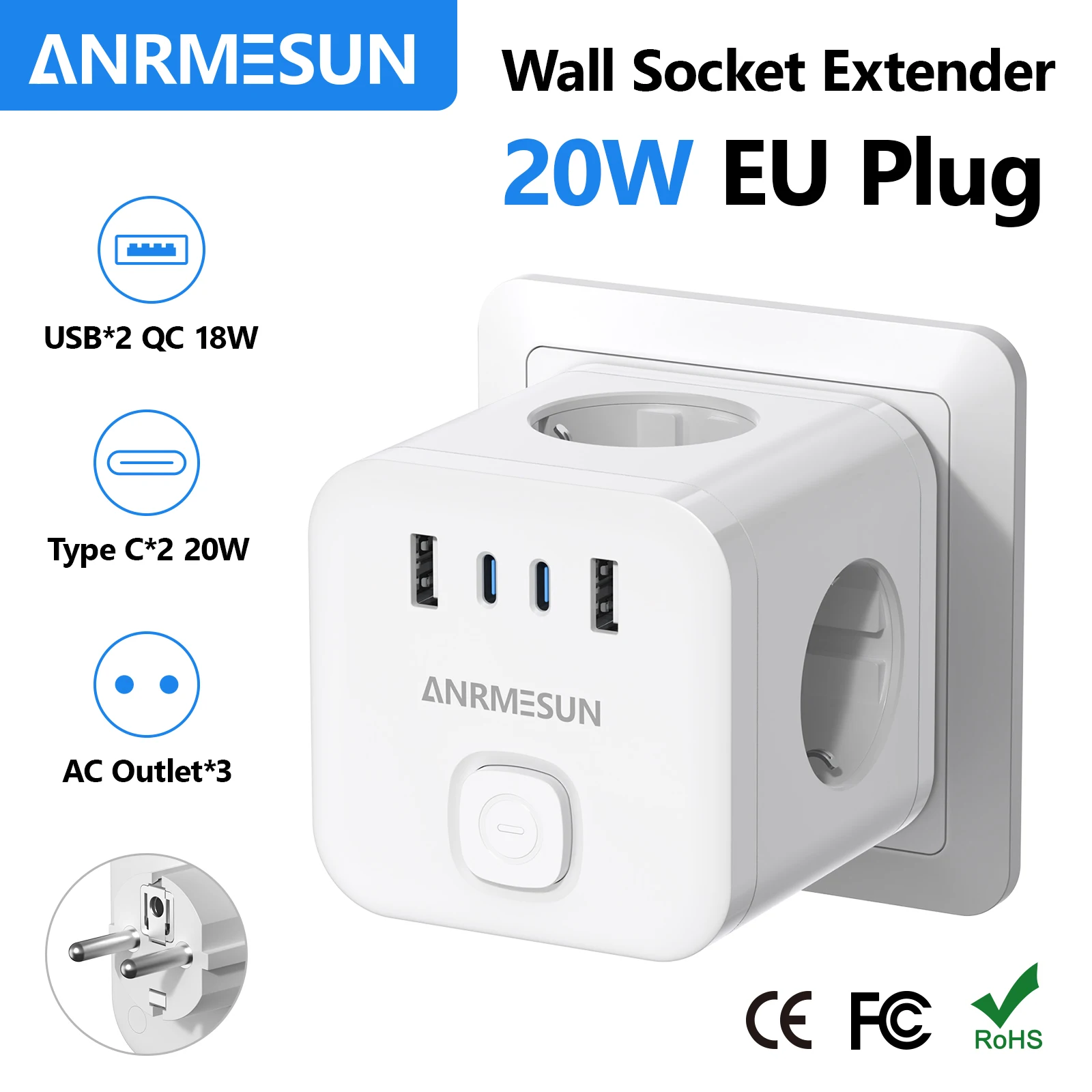 

EU Plug Power Strip Cube with 3 AC Outlets Multiple Socket Adapter 100-240V 13A Electric Socket for Home Office Or Travel