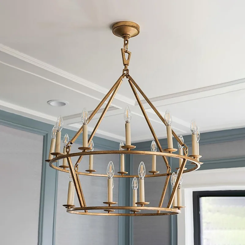 

American retro living room chandelier gold foil old double-storey large apartment villa designer raised staircase chandelier