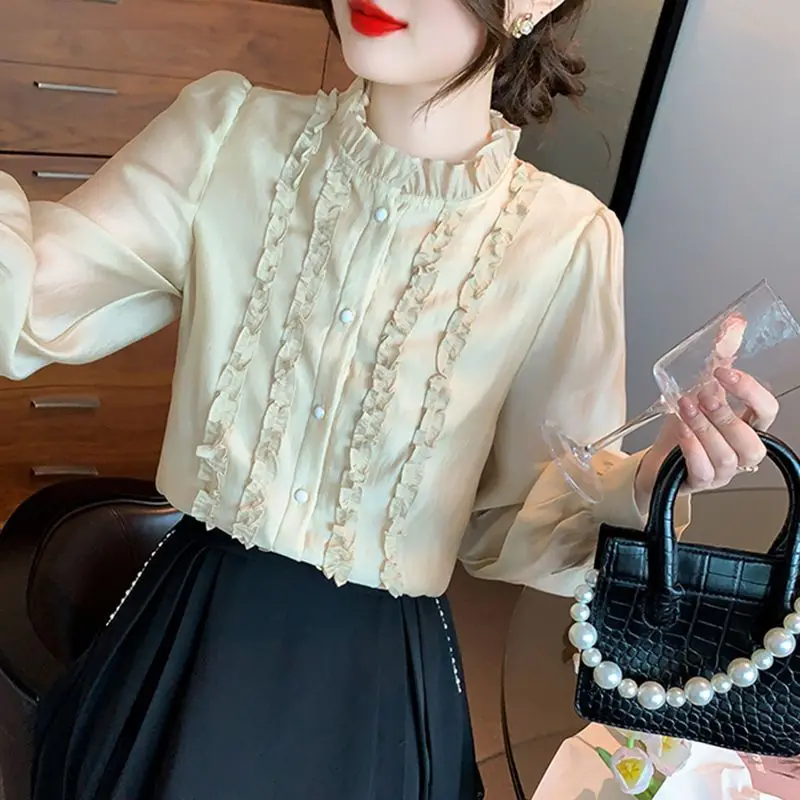 New Spring Autumn Women Ruffle Vintage Elegant Shirts Female Chic Stand Collar Blouses Solid Long Sleeve Slim Tops Ropa De Mujer