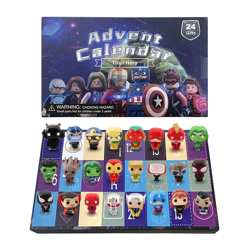 Marvel Christmas Advent Calendar Box Disney Mini Q Version Hulk Anime Figure Spiderman Iron Man Kids Toys Built-in 24 Small Gift