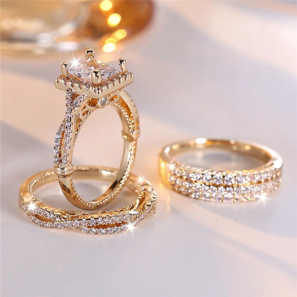 3pcs Female Silver Color White Zircon Stone Square Ring Set Vintage Gold Color Bridal Wedding Bands Party Jewelry For Women