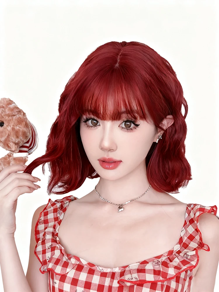 شعر مستعار نسائي كامل الرأس قصير مجعد التوت الأحمر شعر قصير كسول مجعد موضة سماعة كاملة شعر مستعار من الألياف الاصطناعية #1