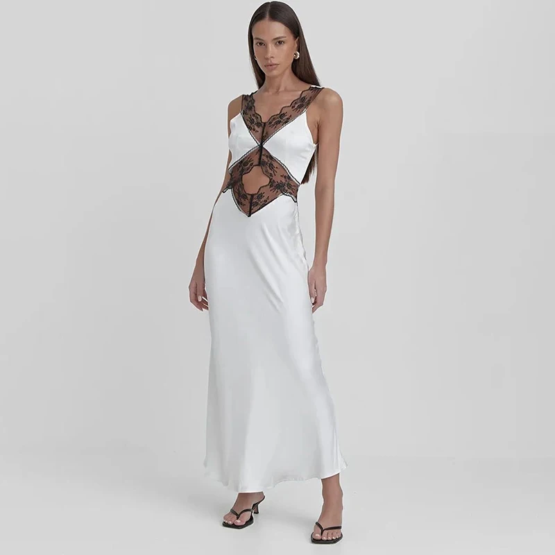 Modna sukienka trapezowa damska letnia koronkowa bez rękawów z dekoltem w serek Maxi seksowna białe sukienki casualowe w stylu Streetwear klubowa sukienka