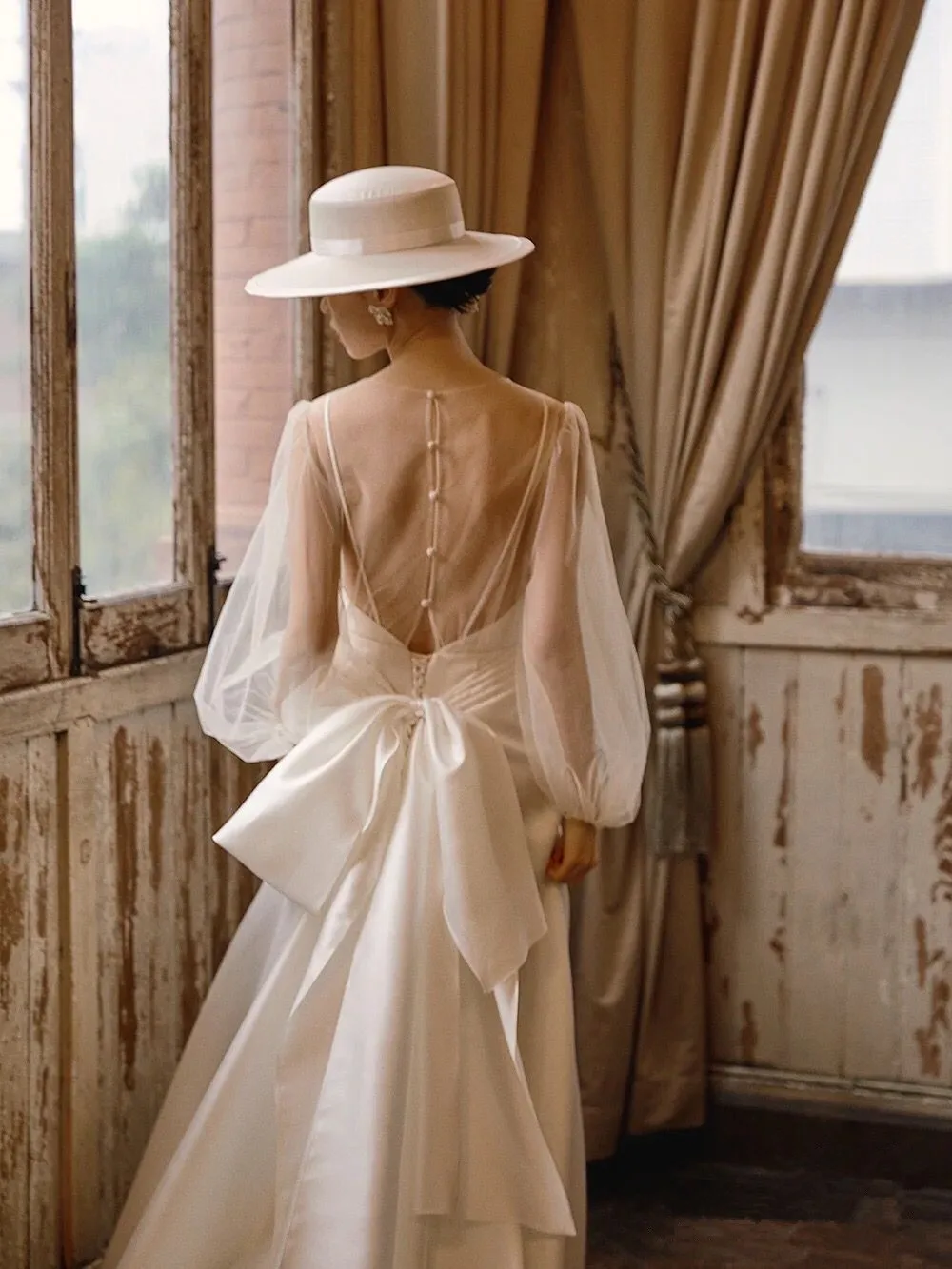 Vestido de novia blanco de manga larga con cuello en V, Simple, con lazo, elegante, transparente, vestido de novia