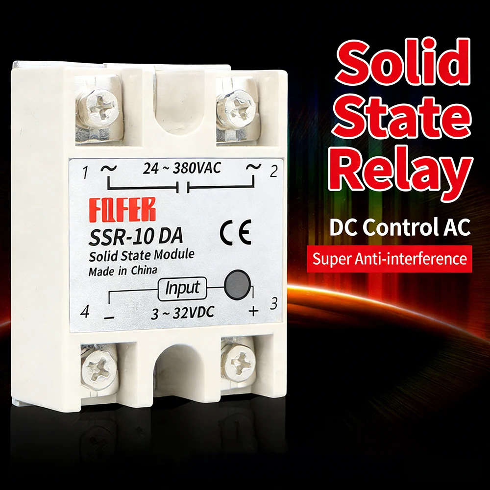 SSR-10DA Solid State Relay, DC to AC Single Phase Solid State Relay Module, Input 3-32VDC Output 24-380VAC, Non-Contact Silent &