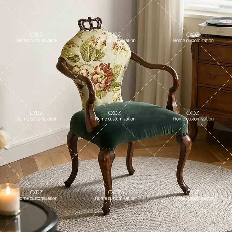 Country Style Solid Wood Single Sofa Chair with Armrest Embroidered Floral and Bird Pattern Fabric Soft Cushion Backrest for