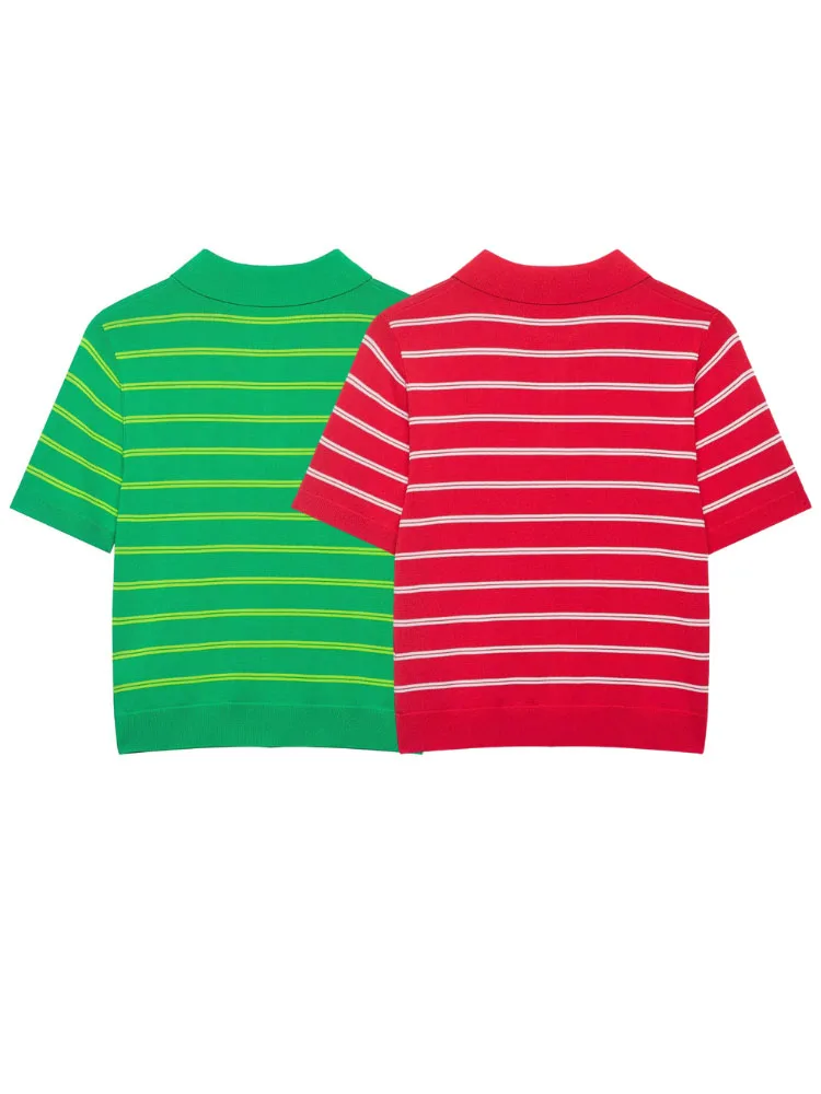 HH Women Summer Sophisticated Striped Knit Polo Top Short Sleeve Slim Fit Cropped Blouse For Holiday Brunch Party Gathering Wear