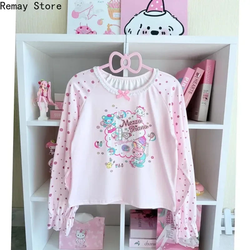 Japanese Sweet Lolita Kawaii Y2K Women Long Sleeve Hooded Tees Tops Bow Patchwork Y2k Korean Fashion Harajuku Kawaii Outfits New