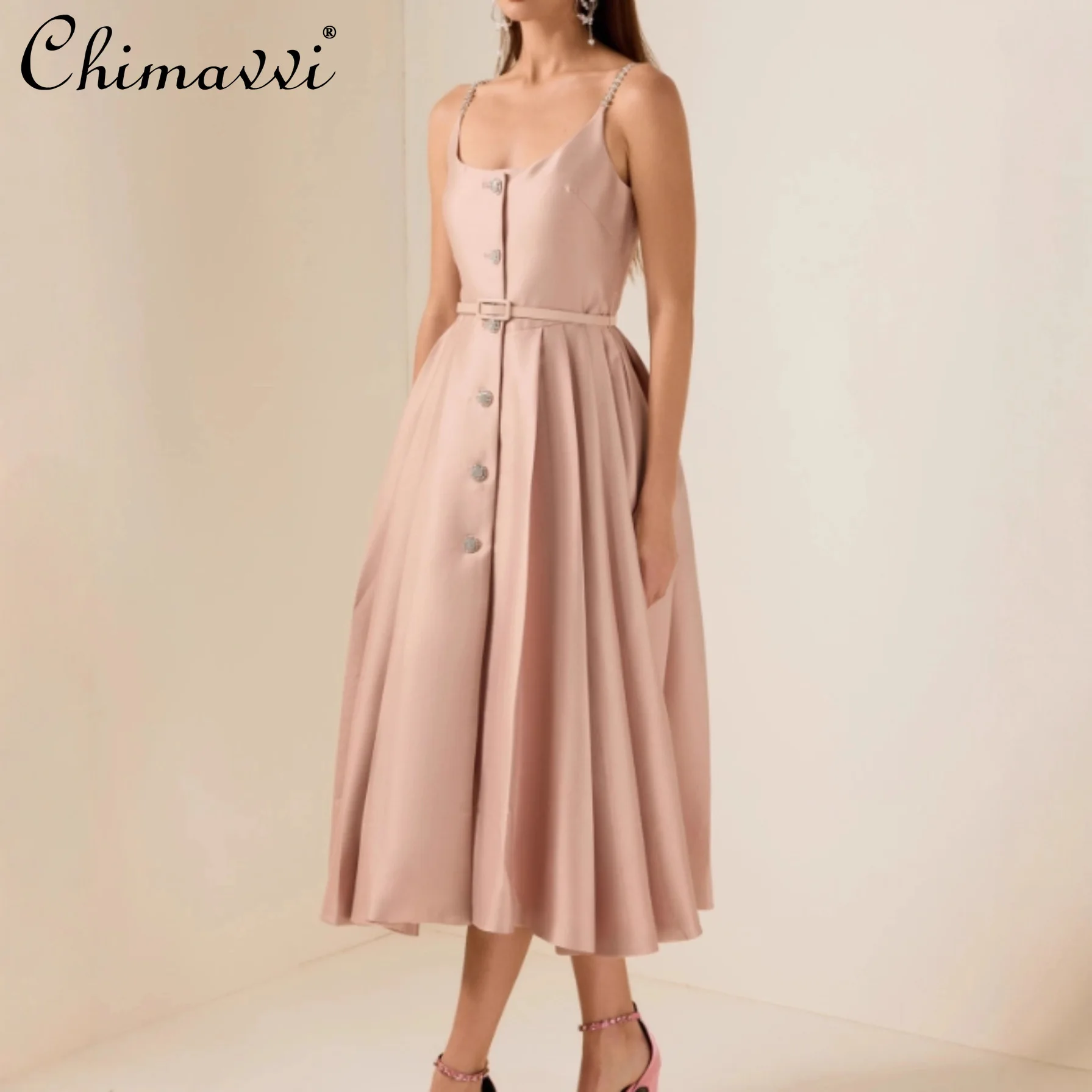 

French Elegant Socialite Pink Sexy Sling Dresses Diamond Round Neck Sleeveless Belt Slim A-line Long Evening Party Dress Women