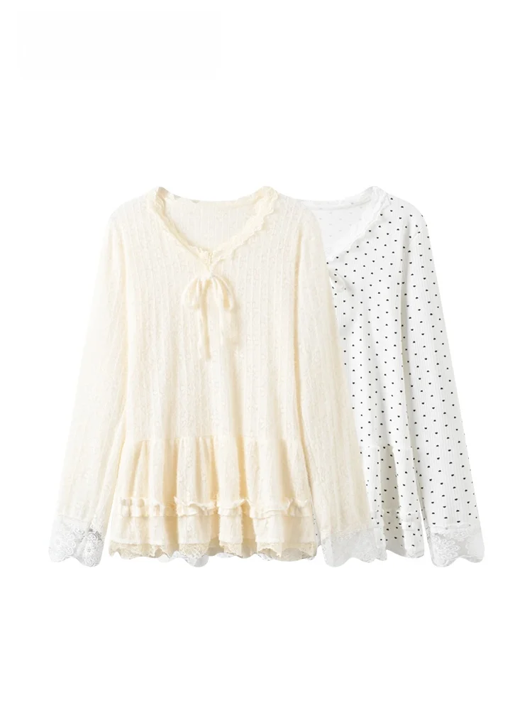 

plus Size Lace Splice Long Sve Base irt Women Winter New Sle Faionable Top Fat Sister Polyester Fiber V-ne T-irt