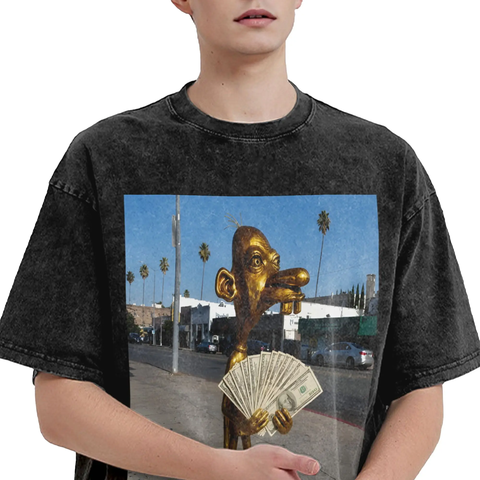 Harajuku Washed Shirt Golden Neegy Meme Funny Internet Brainrot Gen Z Humor Apparel T-Shirts Streetwear Short Sleeve