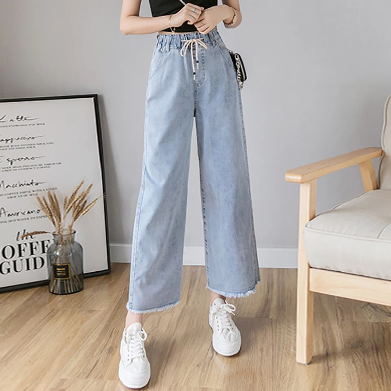 

Blue Elastic Waist Denim Pants Women Spring Summer High Waist Drawstring Raw Edge Straight Wide Leg Pants Casual Female Jeans