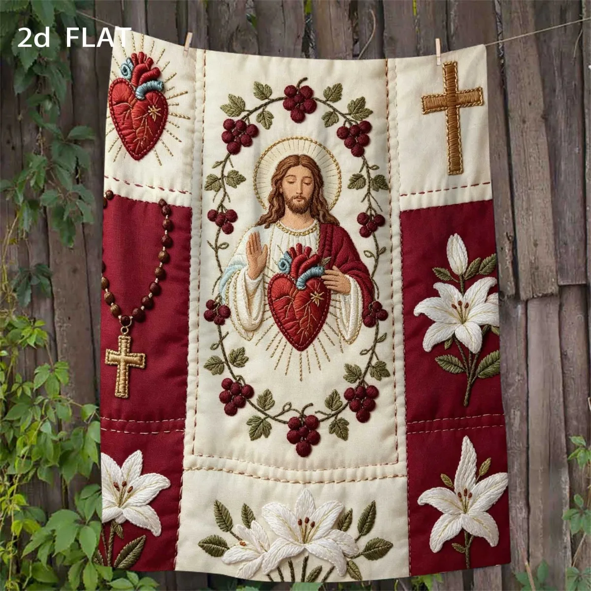 1pc Comfortable Vintage Flannel Blanket with Jesus and Sacred Heart Embroidery, a Perfect Choice for Christmas and Thanksgiving,
