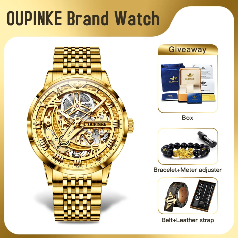 

OUPINKE 3173 Mens Watch Top Luxury Brand Automatic Mechanical Watch For Man Skeleton 50M Waterproof Luminous Mens Gifts Reloj