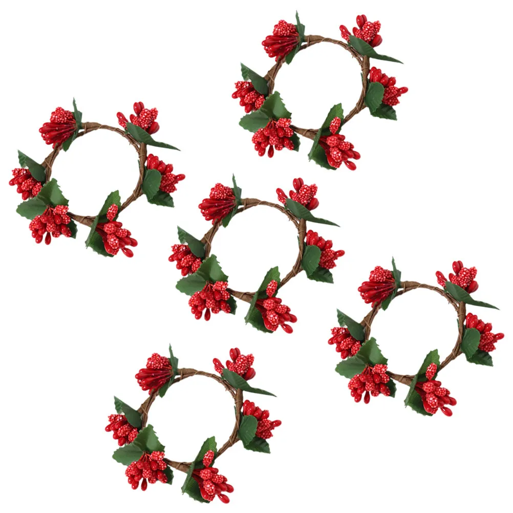 5Pcs Simulated Red Berry Rings Wreath Napkin Ring Christmas Decor Party Supplies Door Wall Hanging Decorations