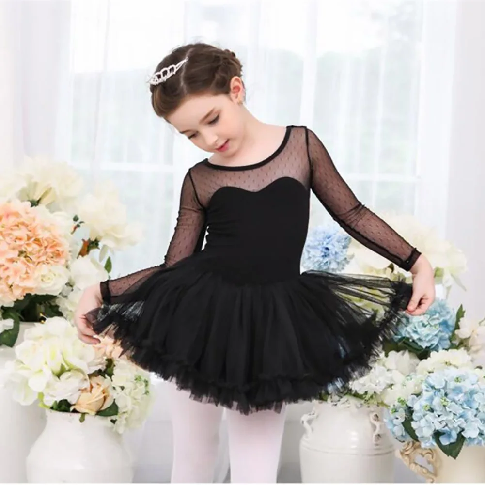 New Sweet Latin Dance Dress For Kids Solid Color Long-sleeved Lace Ballet Dress Kid\'s Temperament Dancewear Stage Costume