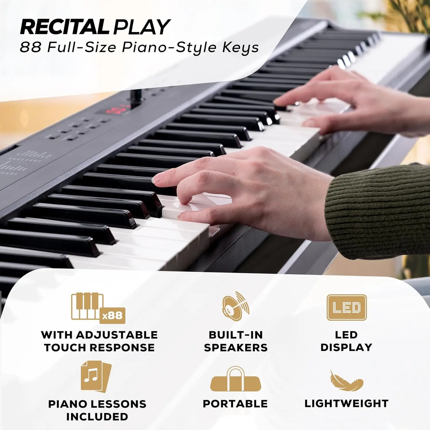 88 Key Keyboard Piano with 480 Sounds, Speakers, USB MIDI, Sheet Music Tablet Rest, Power Adapter and Piano Lessons for Beginner