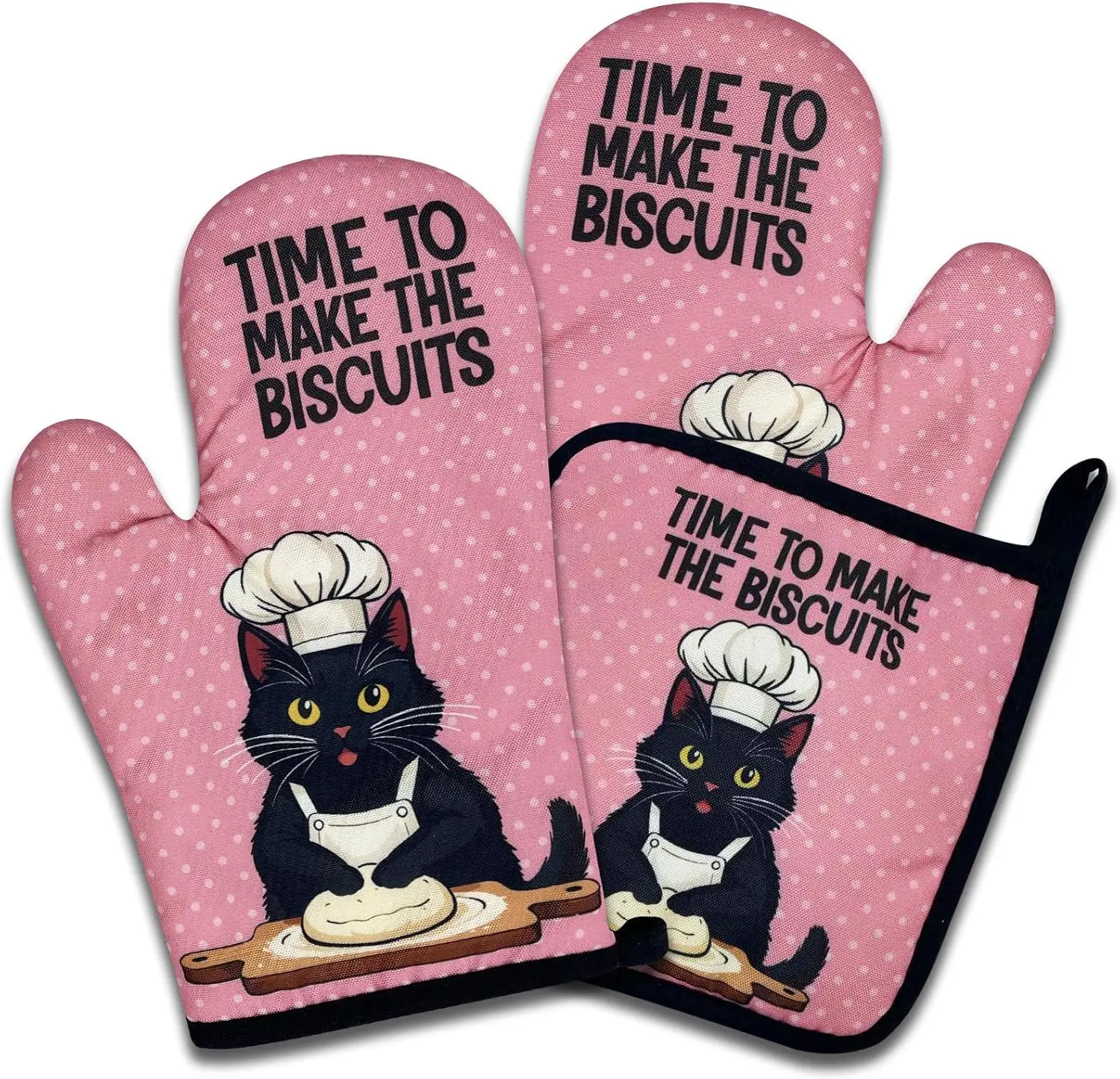 Funny Black Cat Oven Mitts and Pot Holders Set of 3, Time to Make The Biscuits, Heat Resistant Non-Slip Kitchen Mitts Hot Pad