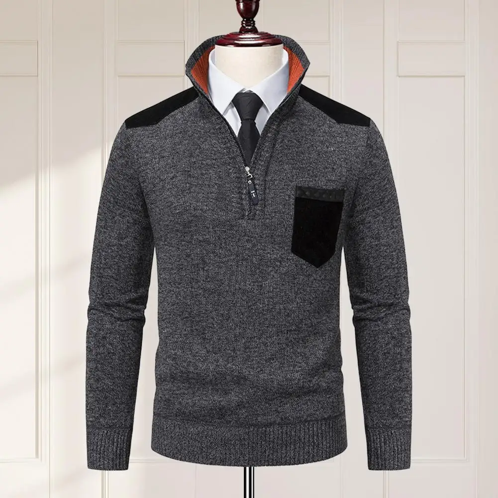 Pull à manches longues pour hommes avec fermeture éclair, col montant, optique en tricot, poche sur la poitrine, haut chaud mince, automne, hiver