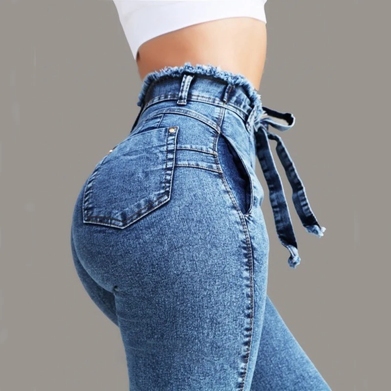 

High Waist Jeans For Women Autumn Slim Stretch Denim Pencil Pants Tassel Belt Skinny Push Up Washed Jeans Woman Female Trousers