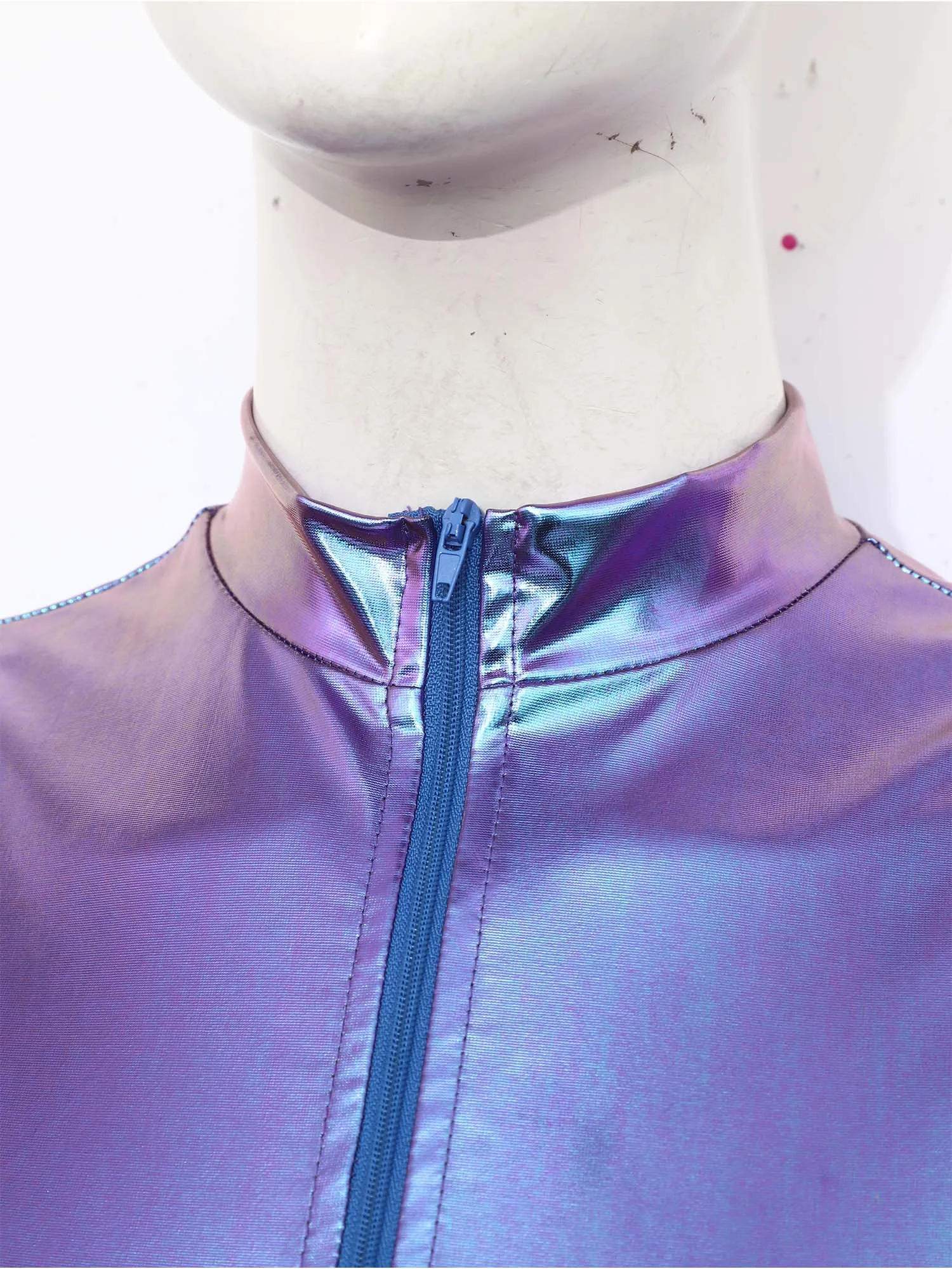 Womens Shiny Metallic Sleeveless Bodysuit Holographic Mock Neck Front Zipper High Cut Leotard Rave Festival Outfits Clubwear view 6