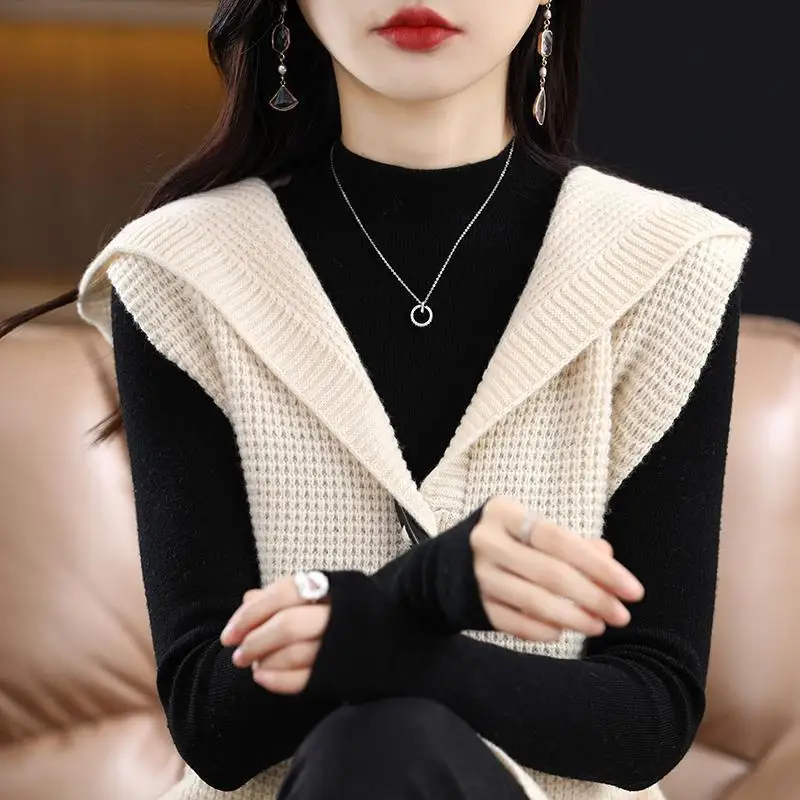 Autumn Winter Women Clothing Hooded Long Sweater Vest Coat Solid Sleeveless Fashion Casual Loose Vintage Knitted Cardigan Tops