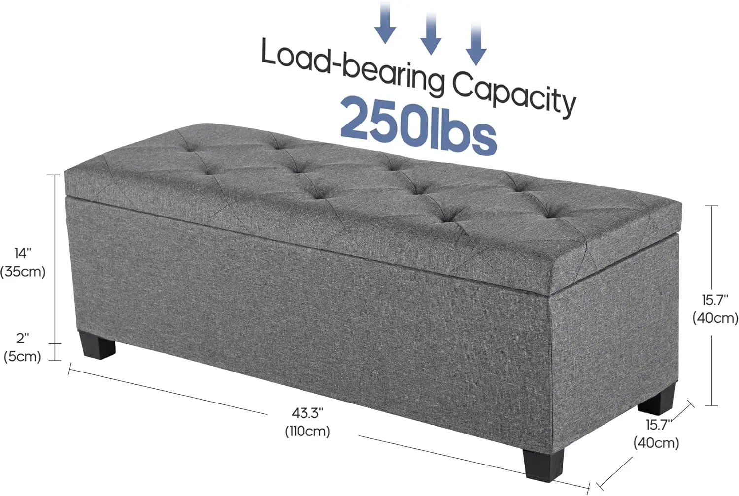 Upholstered Storage Bench with 46.5 Gal Hidden Volume for Bedroom Living Room, Extra Large Ottoman Foot Stool in Dark Grey