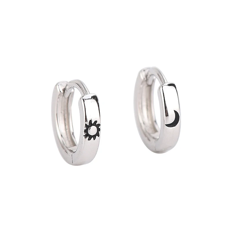 Real 925 Sterling Silver Sun and Moon Round Hoop Earring for Women Minimalist  Fine Jewelry Trendy Asymmetric Accessories image 5