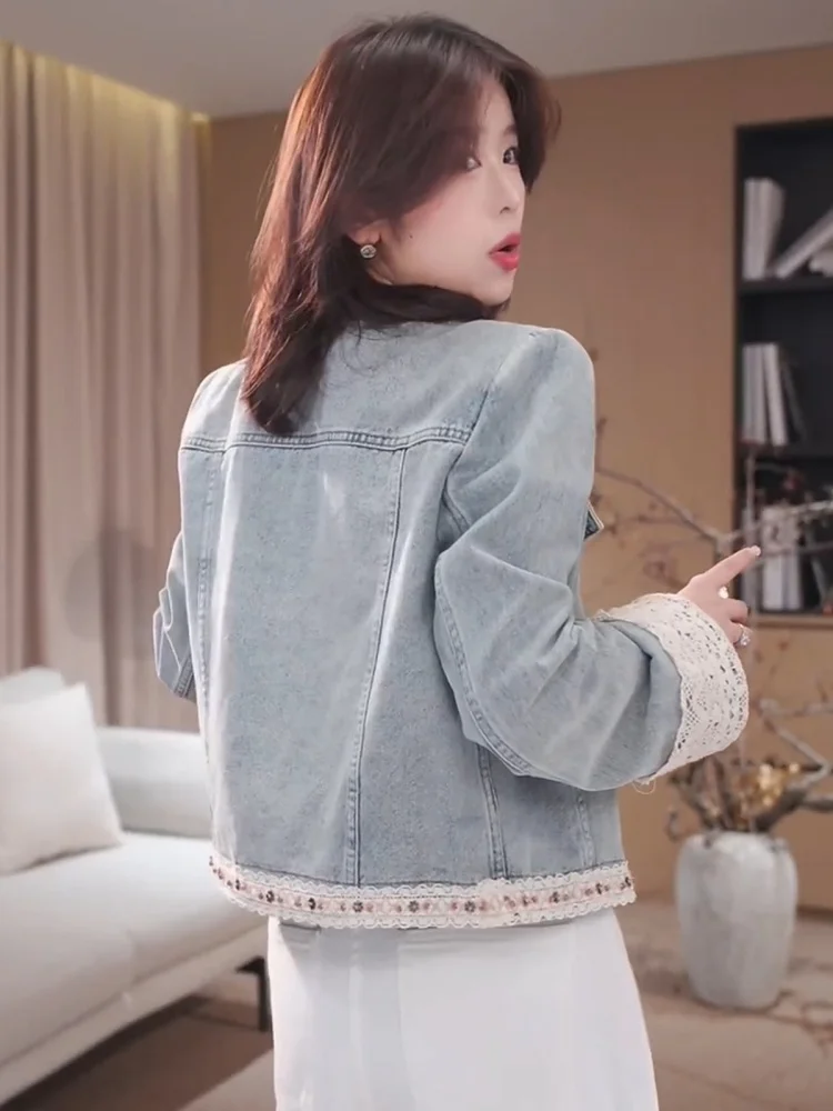 Light Blue Denim Jacket Women's Short Style Commute Standard Lace Trim Autumn New Small Size Youthful Versatile Top