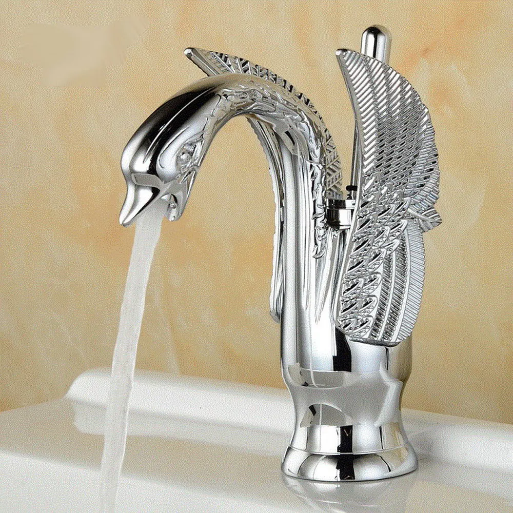 

Swan Shape Bathroom Mixer Faucet Tap Deck Mount One Hole Water Taps Polished Chrome Brass Basin Faucet One Handle