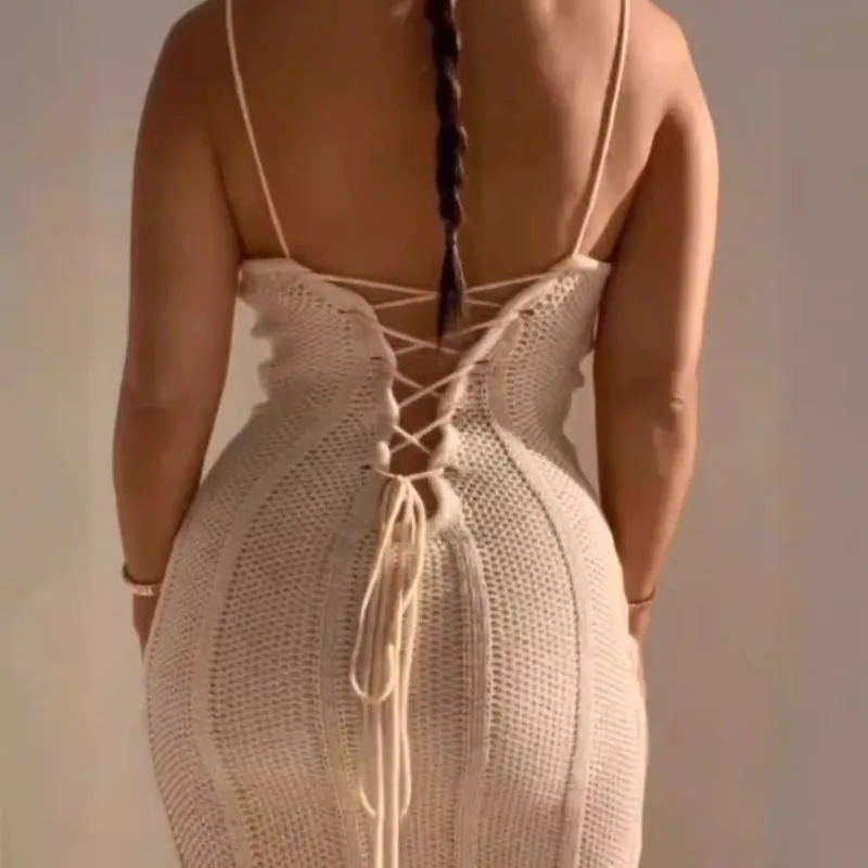 Wiosenna i letnia nowa dzianinowa sukienka sweterkowa seksowna czysta wiatr Spice Girl Halter pasek do pończoch długie sukienki dla kobiet