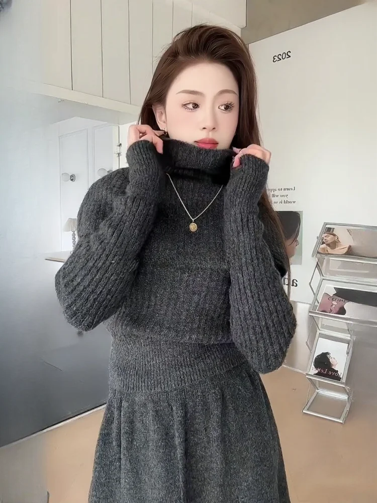 French High Neck Knitted Women's Set Autumn and Winter New Korean Version Sweater Half Skirt Three Piece Set