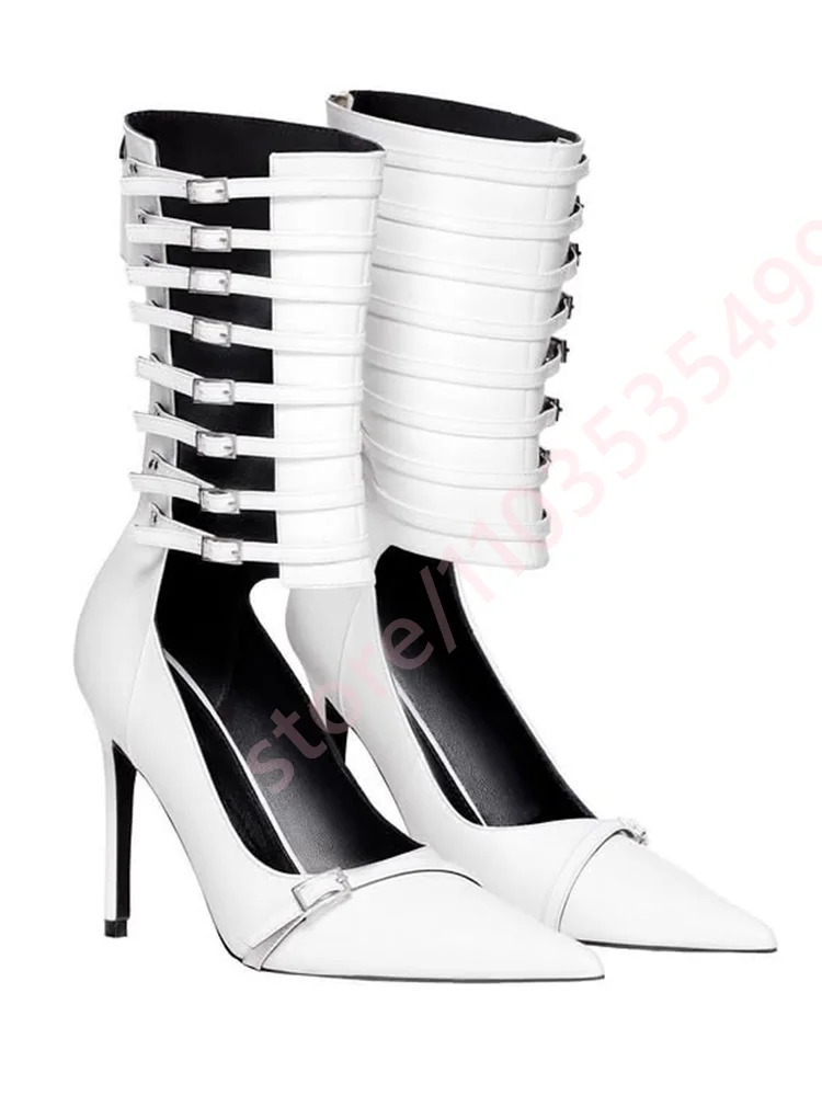 2026 Summer Black/white Pointed Toe Stiletto Heel Mid Calf Boots Women Multi Buckle Cutout Straps Punk Elegant Party High Heels