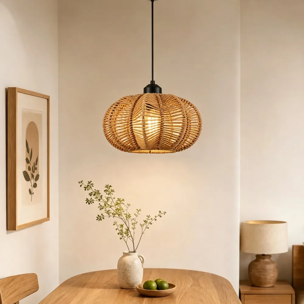 JOYINLED 23cm Handmade Rattan Pendant Lamp, Rustic Hand Woven Ceiling Hanging Light, Boho Farmhouse Chandelier Bedroom E27