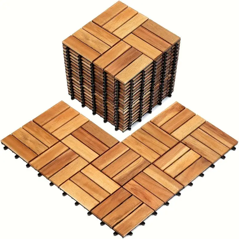 

10pcs Interlocking Acacia Wood Deck Tiles - 11.8"x11.8" for Indoor & Outdoor Use, Ideal for Patio, Garden, Balcony, Poolside -