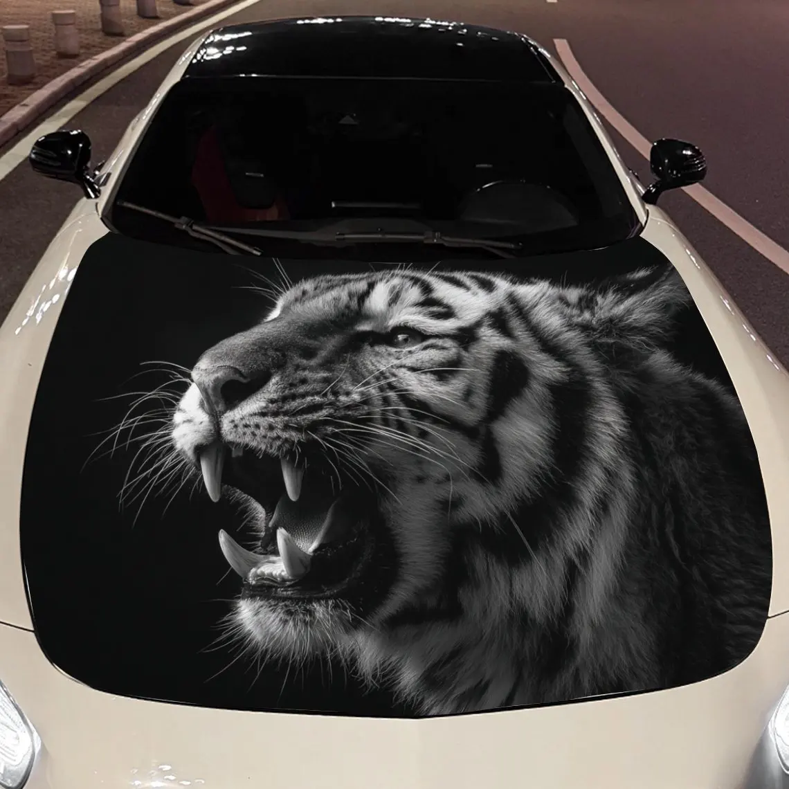 Car Decals A Tiger With A Fierce And Dominant Aura In A Black - And - White Backdrop Car Hood Sticker, Waterproof Self - Adhesiv