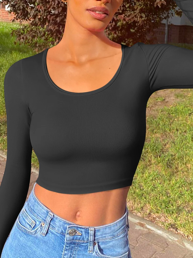 

OQQ Women's Yoga Top Long Sleeved Round Neck Sports Wear Fitness Running Seamless Gym Woman Sport Workout Tops