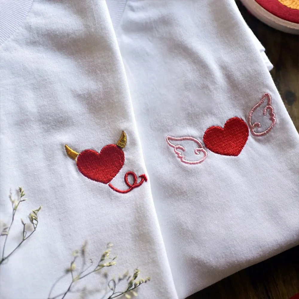 Angels and Demons Heart Shape Embroidered T Shirts Summer Short Sleeve Loose Cotton Couple Tshirt Crewneck Casual Tops Tees