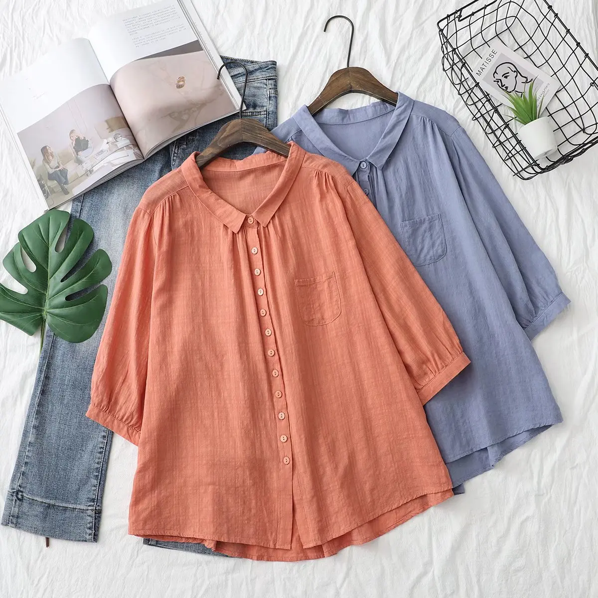 New Spring Cotton Solid Loose Shirt Women Lapel 3/4 Sleeve Casual Top Girl Fashion Basic Commute Blouses 2024 Summer T45452QC